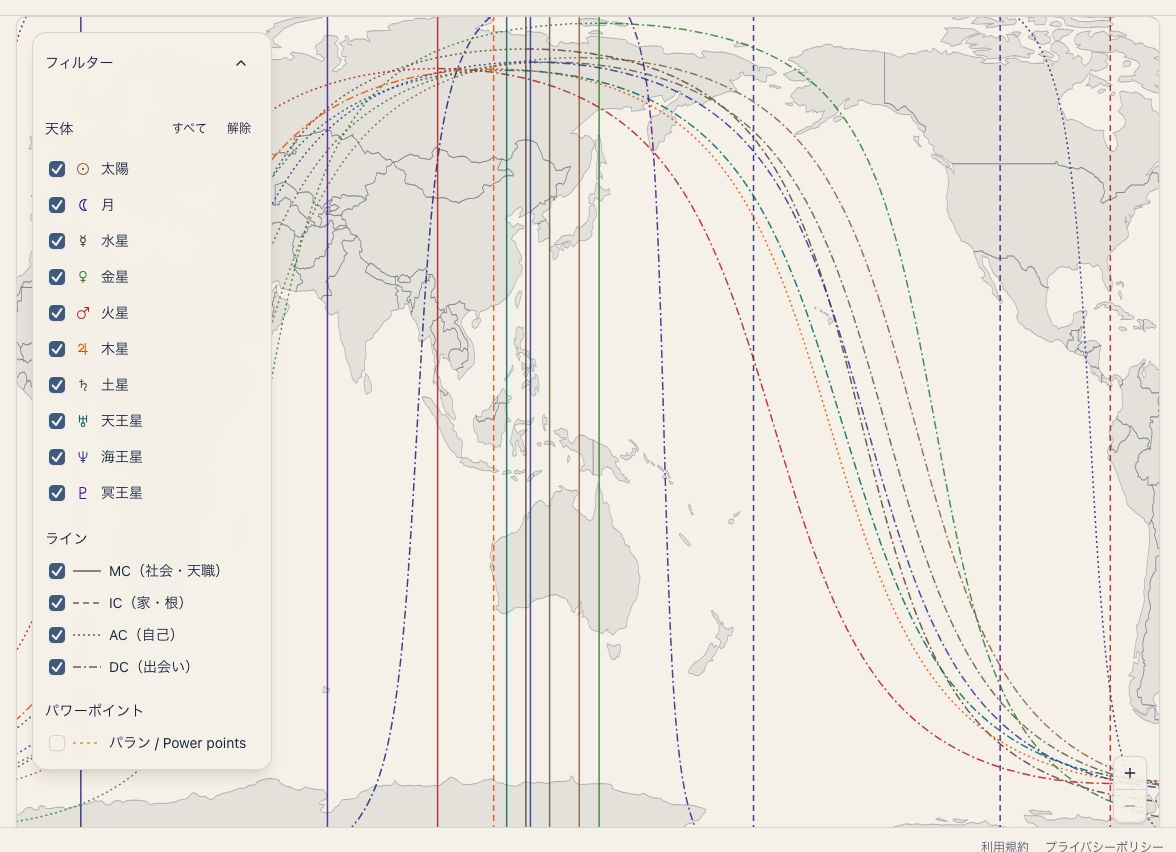 アストロマップのライン選択と地図