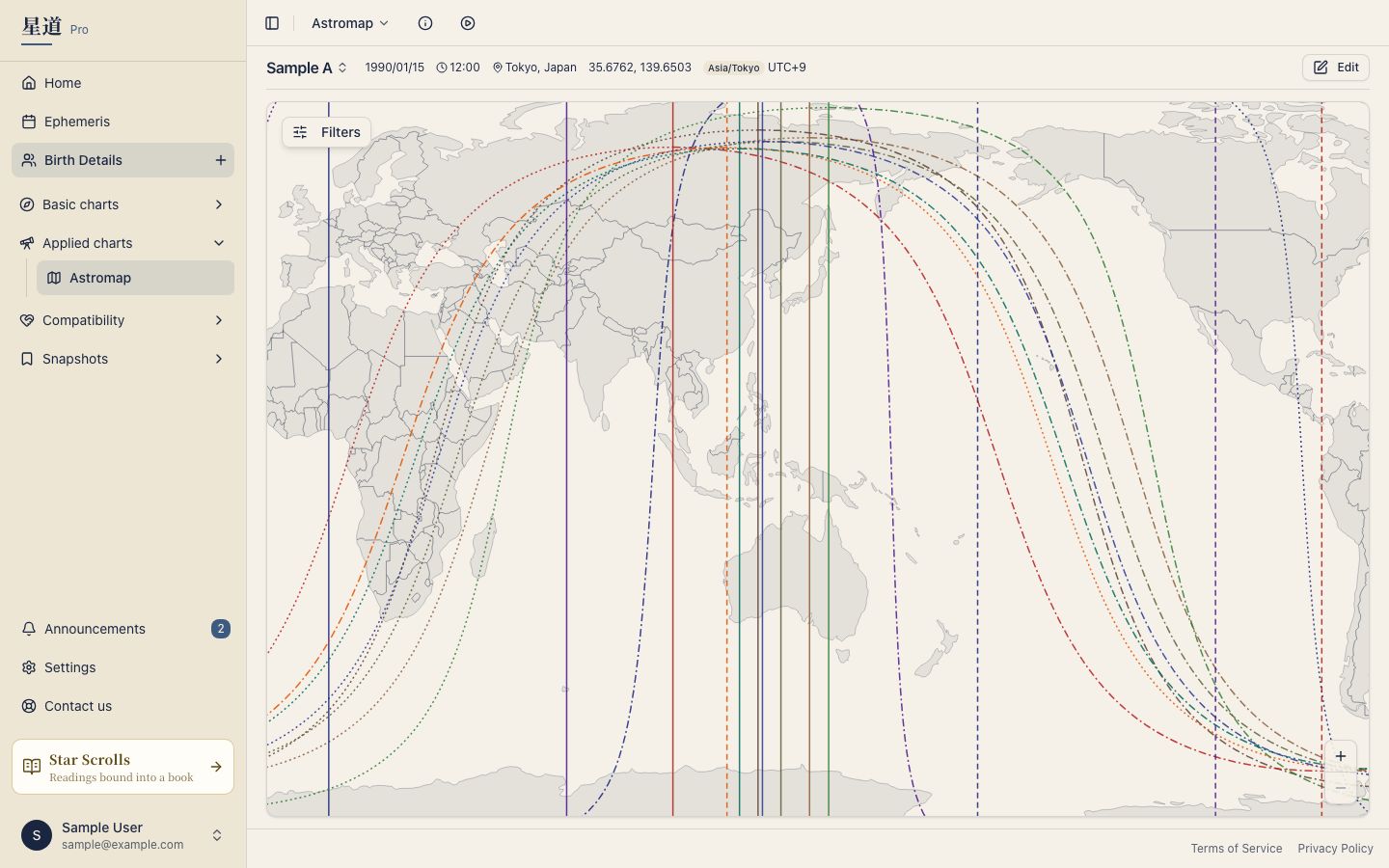 Astromap opened from sample birth data