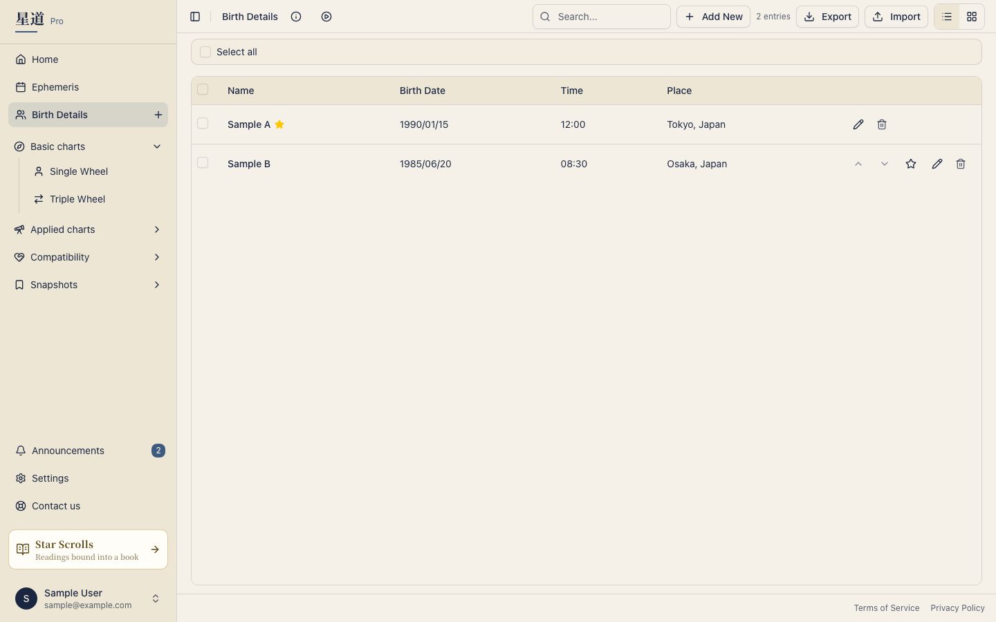 Birth data list with Sample A and Sample B