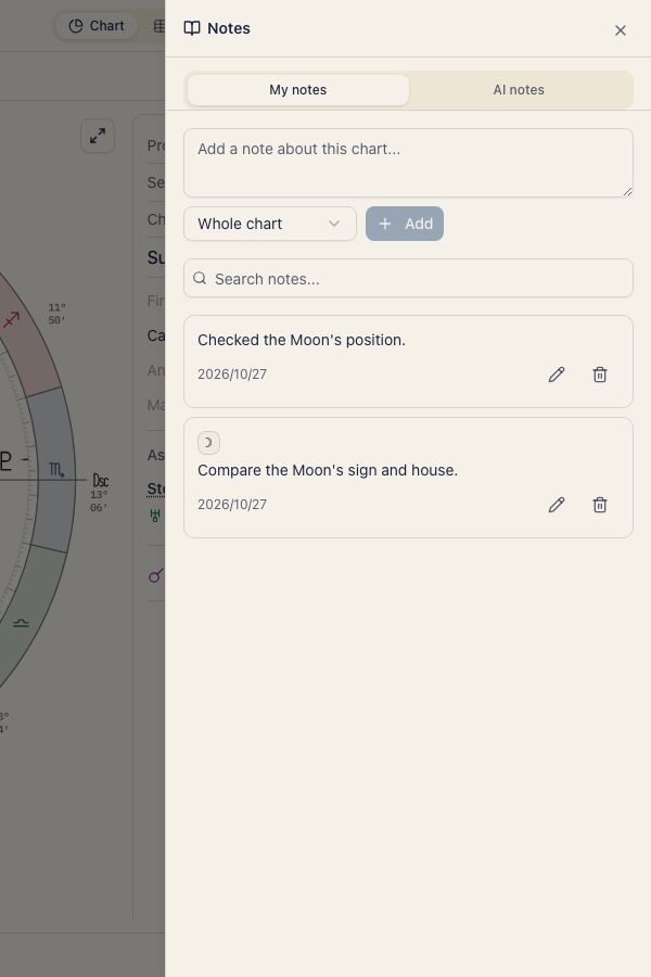 Sample notes in the natal chart drawer