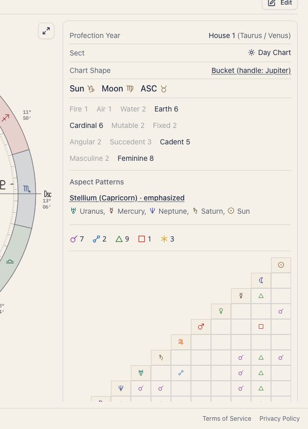 Chart data panel with planets and aspects that open readings