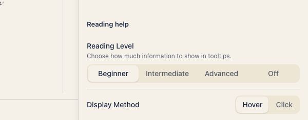 Reading level and display method settings