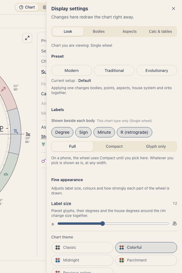 Chart display settings panel