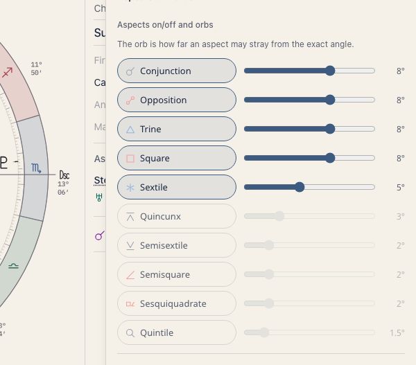 Aspect and orb settings