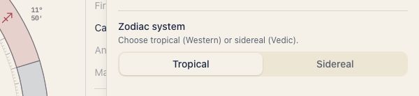 Tropical and sidereal zodiac selector
