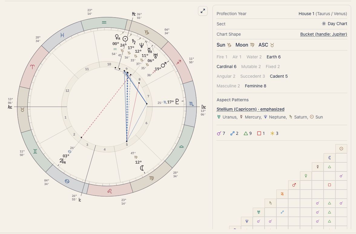 Natal wheel with planets and houses