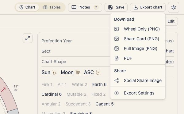 Export format menu for a natal chart